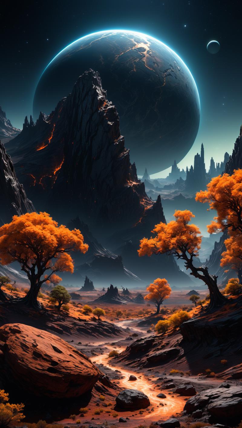 01371-2279431587-Landscape of a dark far away planet, rock and organic soil, glowing trees, UHD, masterpiece, trending on artstation, sharp focus.png